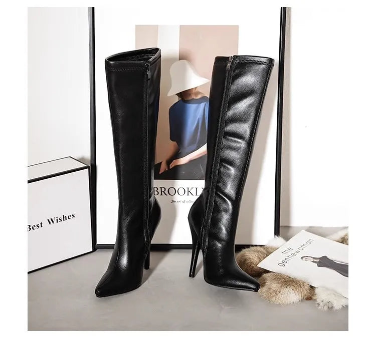 12cm Metal Heels Women Knee High Boots Black Matte Shiny Patent Leather Pointed Toe Zipper Tall Boots Size 45 Party Dress Shoes