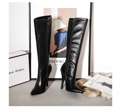 12cm Metal Heels Women Knee High Boots Black Matte Shiny Patent Leather Pointed Toe Zipper Tall Boots Size 45 Party Dress Shoes