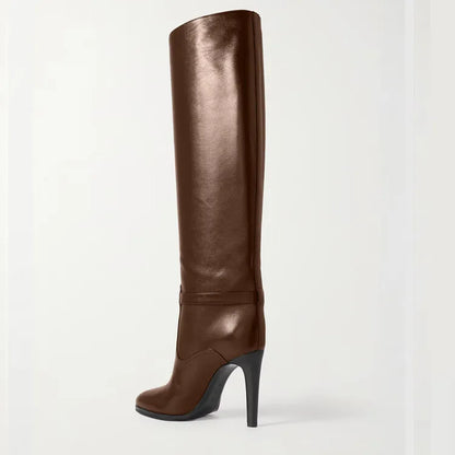 2024 Autumn and Winter Slim High Heels Knee High Women's Boots Fashionable Round Toe Cowhide Suede Oversized Mid Length Boots