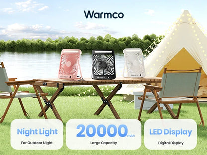Warmco D4 Portable Desk Fan Rechargeable 20000mAh Camping Fan with Light,48Hrs Run Time 8" Silent Personal Fan Digital Display
