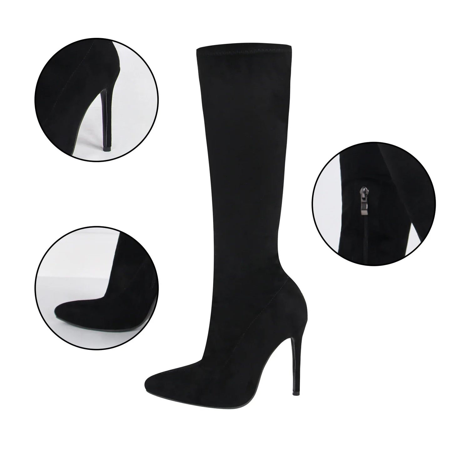 High Elasticity Leather Boots Women Side Zip Pointed Toe High Heels Shoes Fashion Big Size Suede Mid Booties Female Goth Shoes