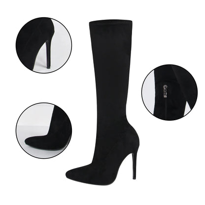 High Elasticity Leather Boots Women Side Zip Pointed Toe High Heels Shoes Fashion Big Size Suede Mid Booties Female Goth Shoes