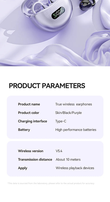 Wireless Bone Conduction HIFI Bluetooth 5.4 Earbuds Clip On Ear With Mic Digital Display Waterproof Sport Headsets 2025