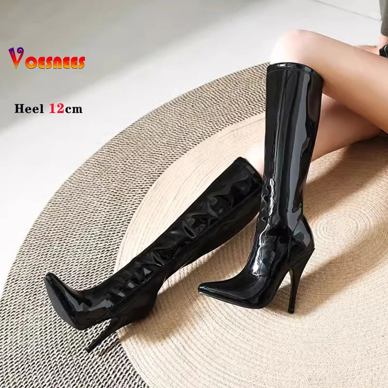 12cm Metal Heels Women Knee High Boots Black Matte Shiny Patent Leather Pointed Toe Zipper Tall Boots Size 45 Party Dress Shoes