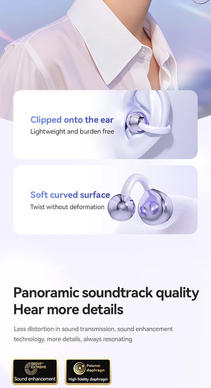 Wireless Bone Conduction HIFI Bluetooth 5.4 Earbuds Clip On Ear With Mic Digital Display Waterproof Sport Headsets 2025