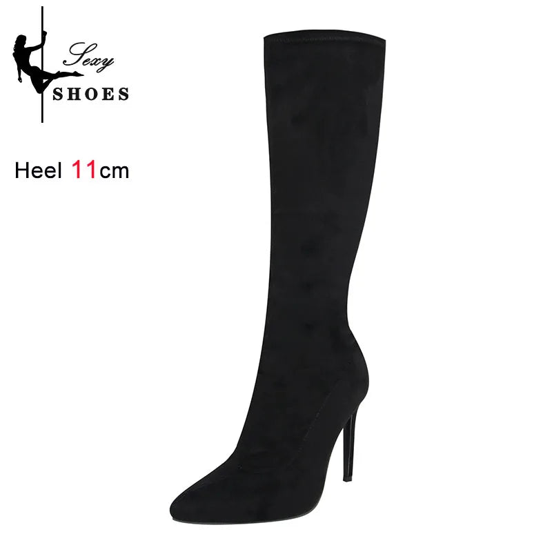 High Elasticity Leather Boots Women Side Zip Pointed Toe High Heels Shoes Fashion Big Size Suede Mid Booties Female Goth Shoes