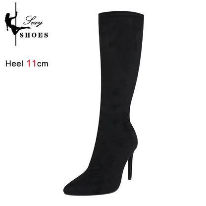 High Elasticity Leather Boots Women Side Zip Pointed Toe High Heels Shoes Fashion Big Size Suede Mid Booties Female Goth Shoes
