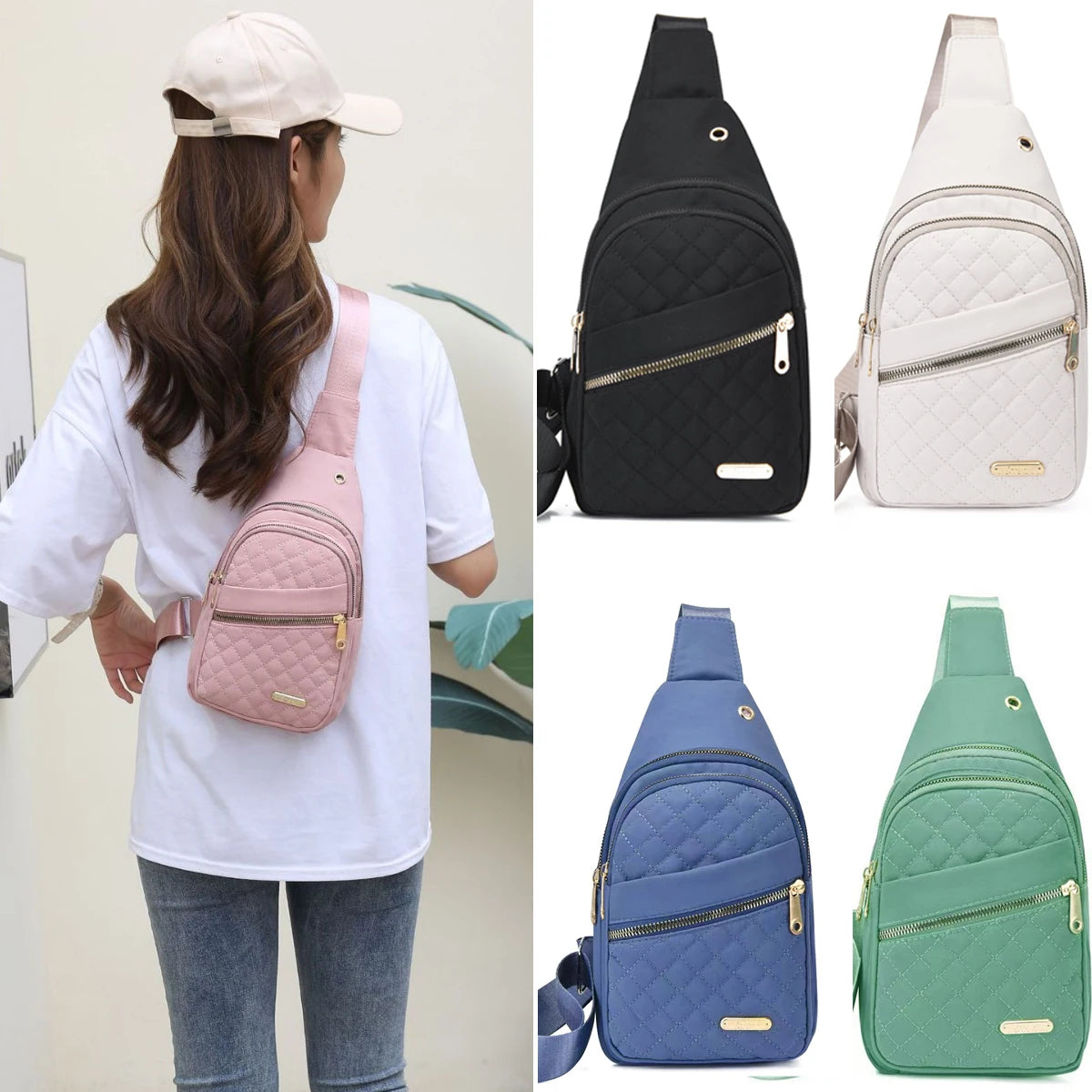 Solid Color Quilted Waist Bag - Casual Large Capacity Zipper Chest Bag, Adjustable Crossbody Bag,Lightweight And Waterproof ﻿