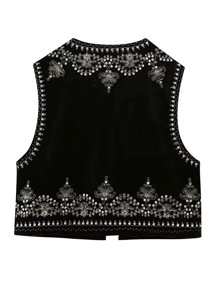 Vintage Autumn Velvet Embroidered Vest Sleeveless Jacket Women V Neck Chic Waistcoats Female Fashion Vests Coat 2023