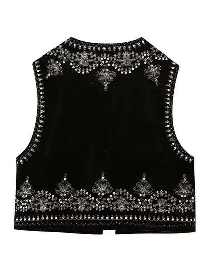 Vintage Autumn Velvet Embroidered Vest Sleeveless Jacket Women V Neck Chic Waistcoats Female Fashion Vests Coat 2023