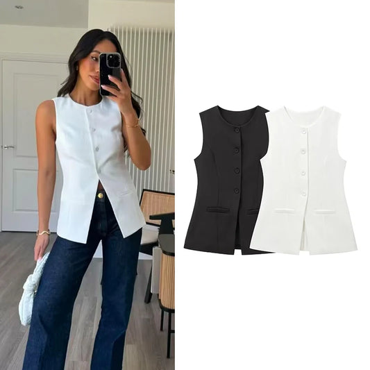 Women's Sleeveless Vest Fashion Vintage Button Decoration Vests  Women's Coats Female Outerwear Chic Tops