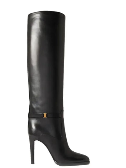 2024 Autumn and Winter Slim High Heels Knee High Women's Boots Fashionable Round Toe Cowhide Suede Oversized Mid Length Boots