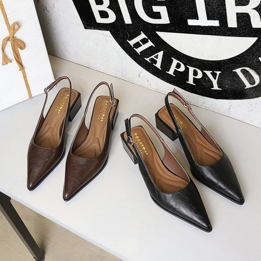 Simple And High-End Women's Shoes With Thick Heels Shallow Mouth Pointed Toe Slim Pedicures With Empty Back Tripping Mid-Heeled