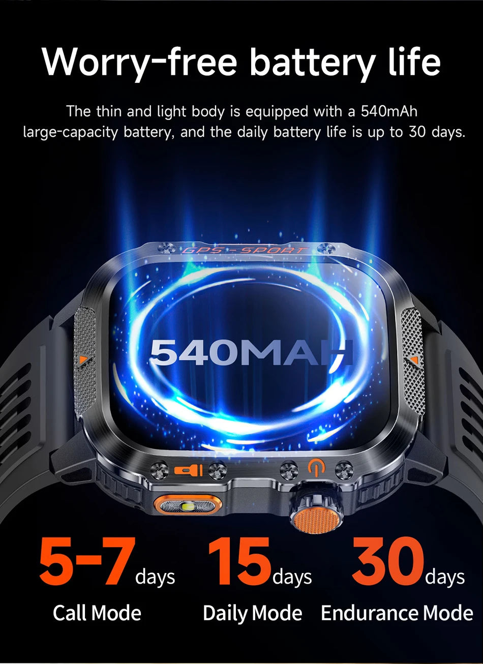 Military Outdoor Smart Watch Men's GPS Flashlight Bluetooth Call 2.01" AMOLED Screen 3ATM Waterproof Sports Smartwatch 2025 New