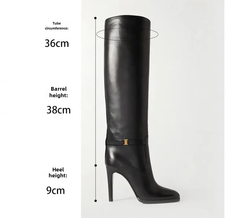 2024 Autumn and Winter Slim High Heels Knee High Women's Boots Fashionable Round Toe Cowhide Suede Oversized Mid Length Boots