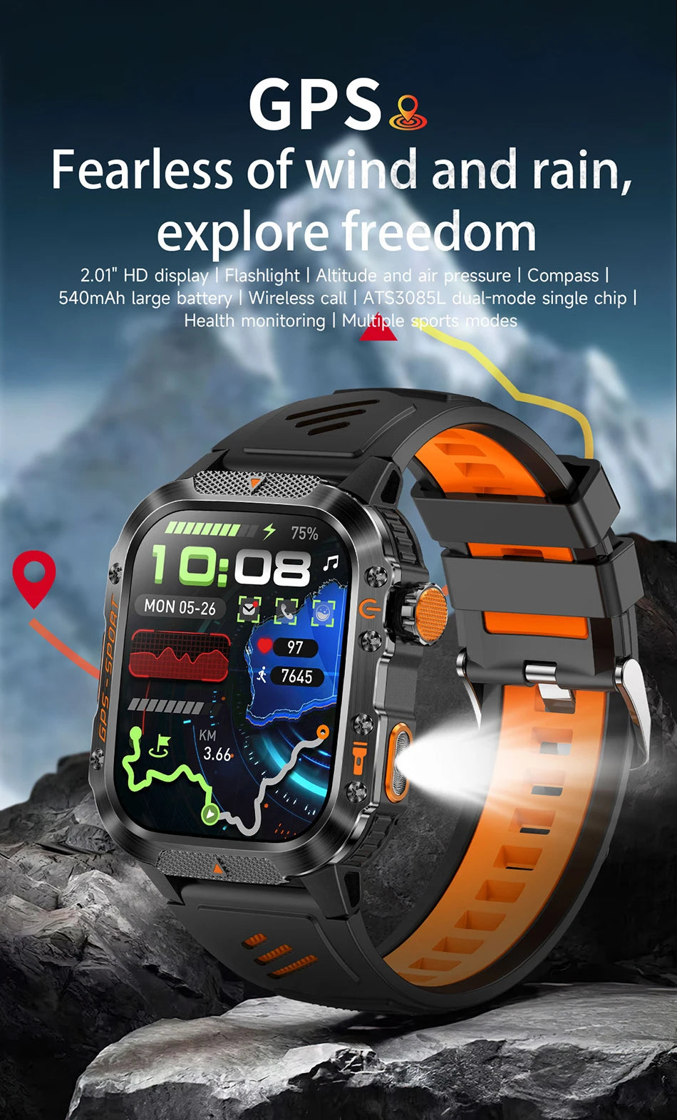 Military Outdoor Smart Watch Men's GPS Flashlight Bluetooth Call 2.01" AMOLED Screen 3ATM Waterproof Sports Smartwatch 2025 New