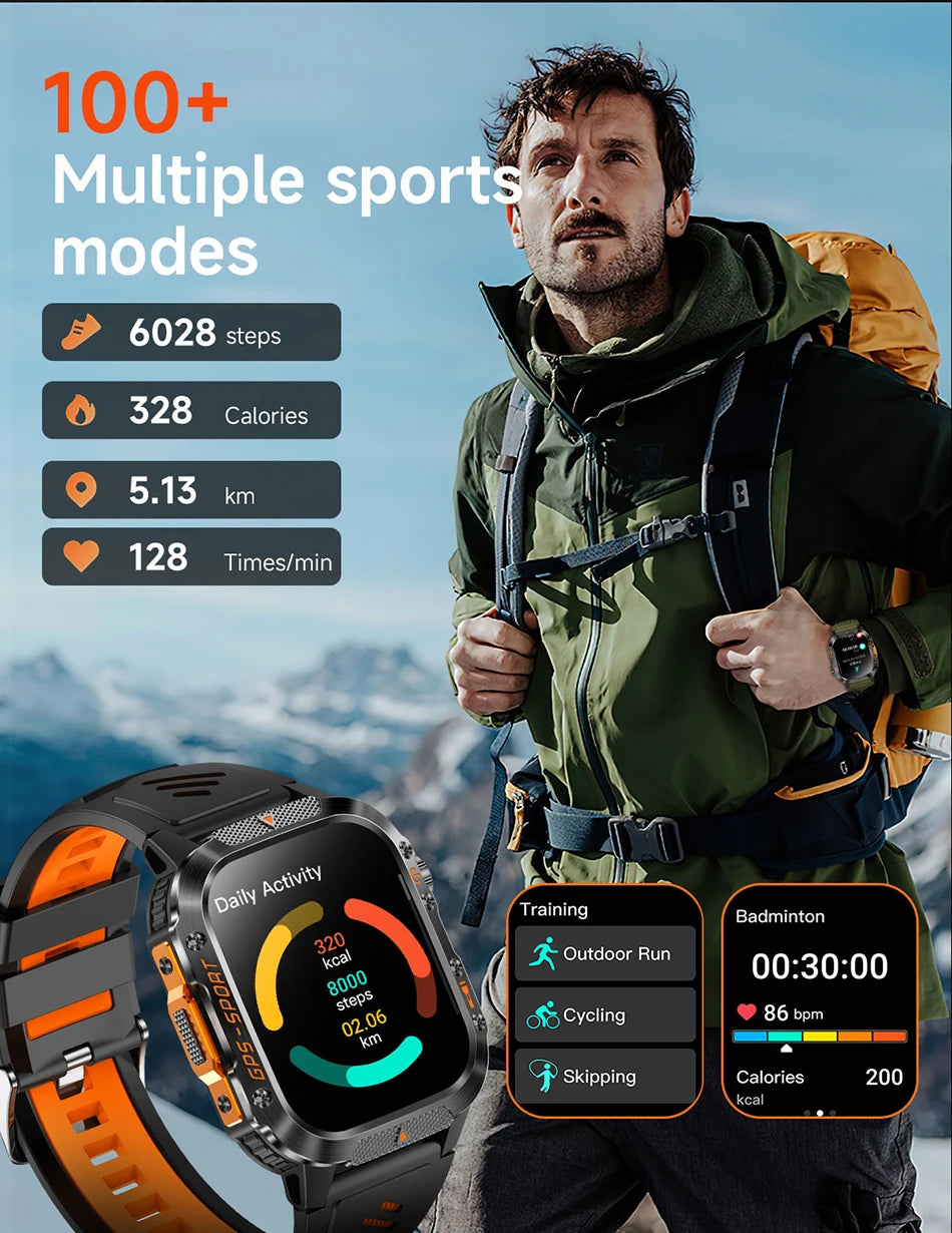 Military Outdoor Smart Watch Men's GPS Flashlight Bluetooth Call 2.01" AMOLED Screen 3ATM Waterproof Sports Smartwatch 2025 New