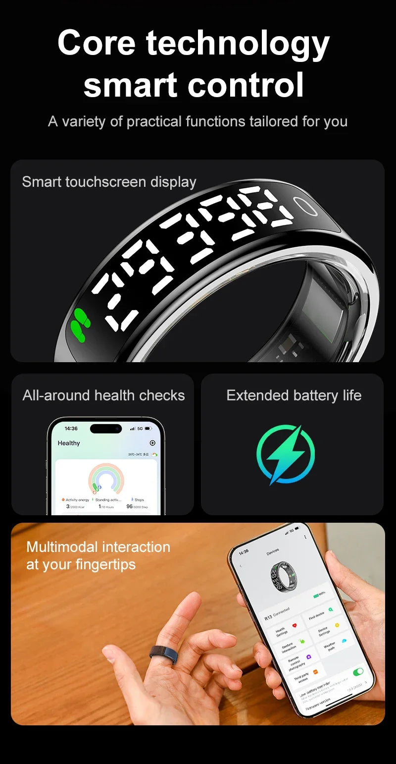 New Smart Ring 2025 Display Screen Gestures Control Video 5ATM Waterproof Remote Camera Blood Oxygen Monitor Multi Sports Mode