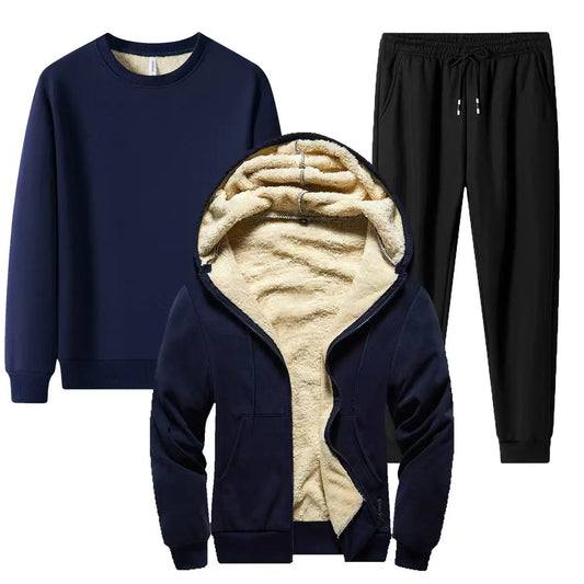 Cashmere Mens Fleece Warm Tracksuit Mens Hoodies + Round-neck Sweatshirt+Pants Sportswear Sets Winter Thick 3 Piece Set Male