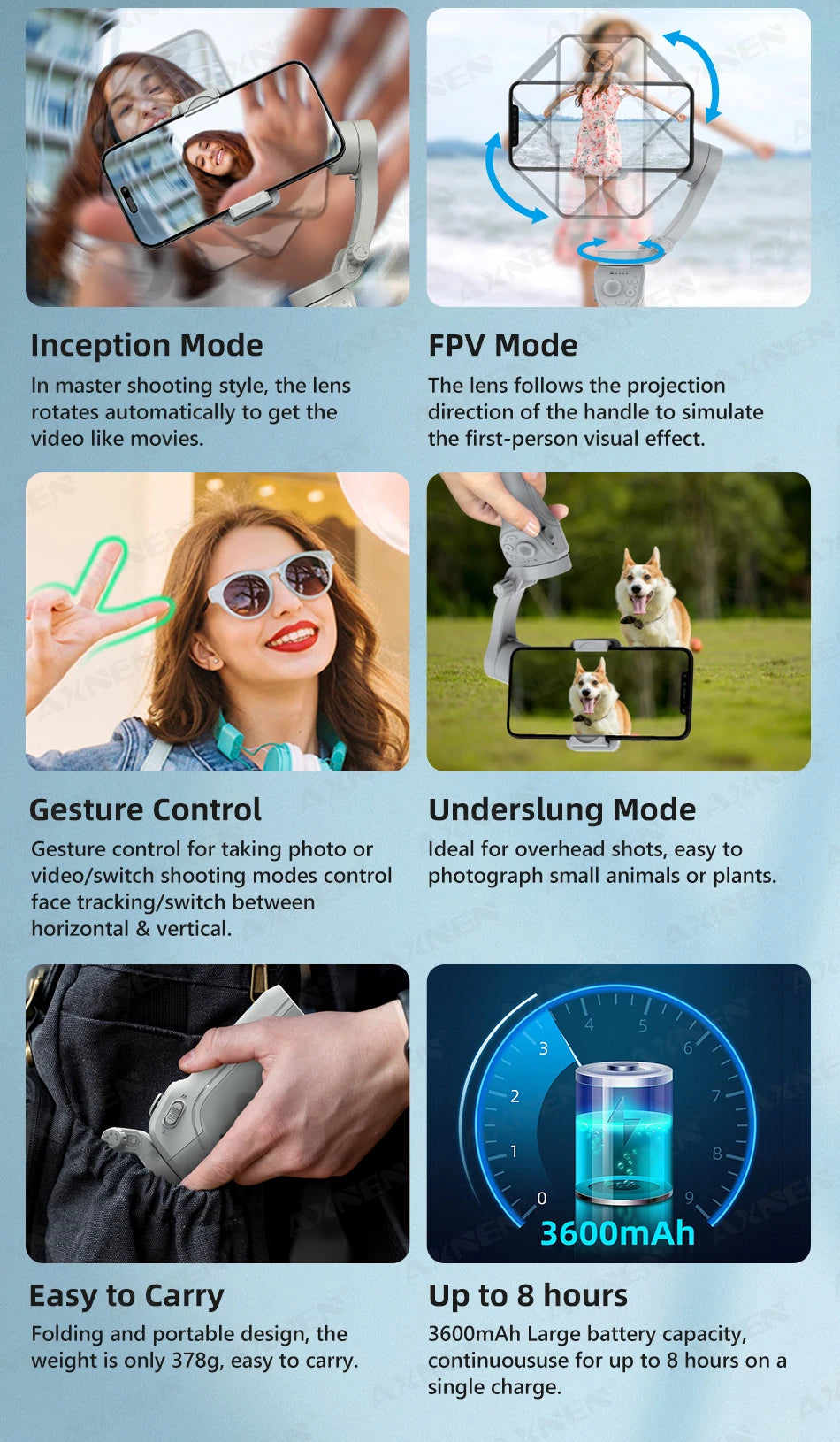 HQ6 3-Axis Handheld Gimbal Mobile Phone Shooting Stabilizer with Fill Light, Zoom, Face Tracking, Animal Following for Cellphone