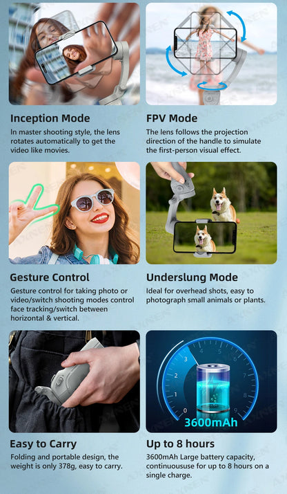 HQ6 3-Axis Handheld Gimbal Mobile Phone Shooting Stabilizer with Fill Light, Zoom, Face Tracking, Animal Following for Cellphone