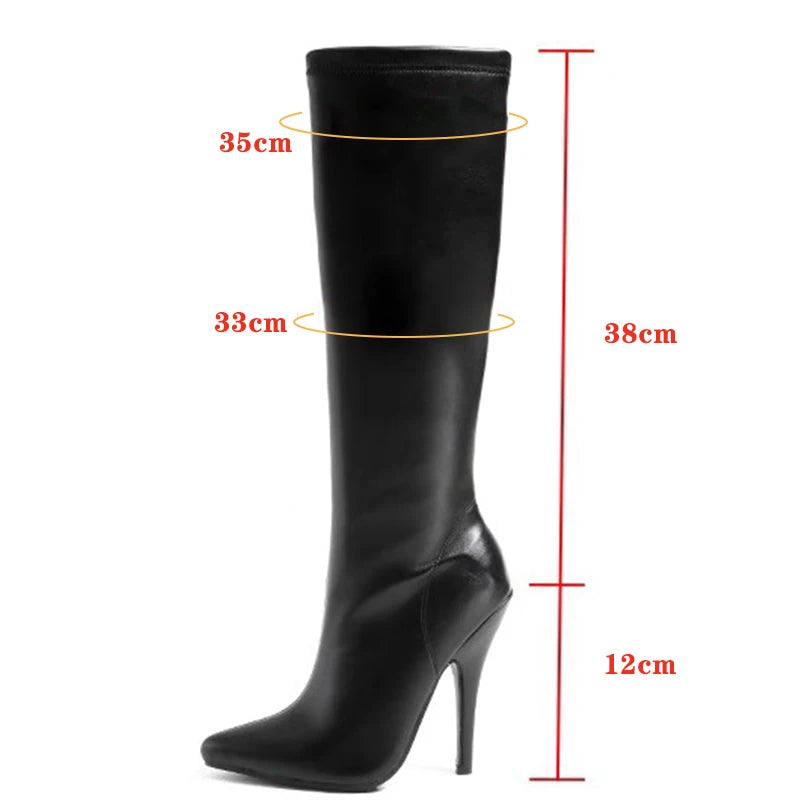 12cm Metal Heels Women Knee High Boots Black Matte Shiny Patent Leather Pointed Toe Zipper Tall Boots Size 45 Party Dress Shoes