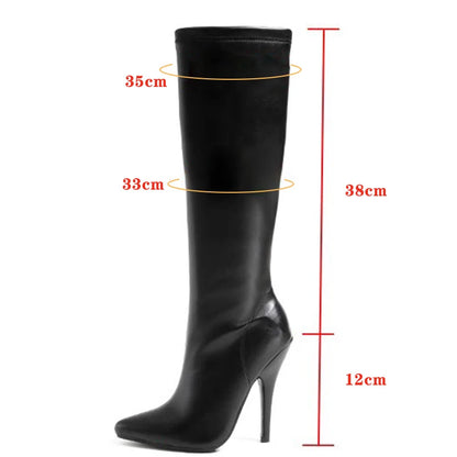 12cm Metal Heels Women Knee High Boots Black Matte Shiny Patent Leather Pointed Toe Zipper Tall Boots Size 45 Party Dress Shoes