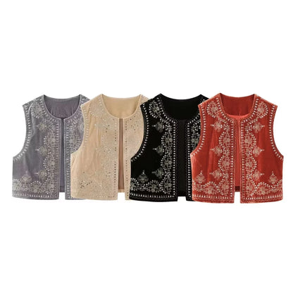 Vintage Autumn Velvet Embroidered Vest Sleeveless Jacket Women V Neck Chic Waistcoats Female Fashion Vests Coat 2023