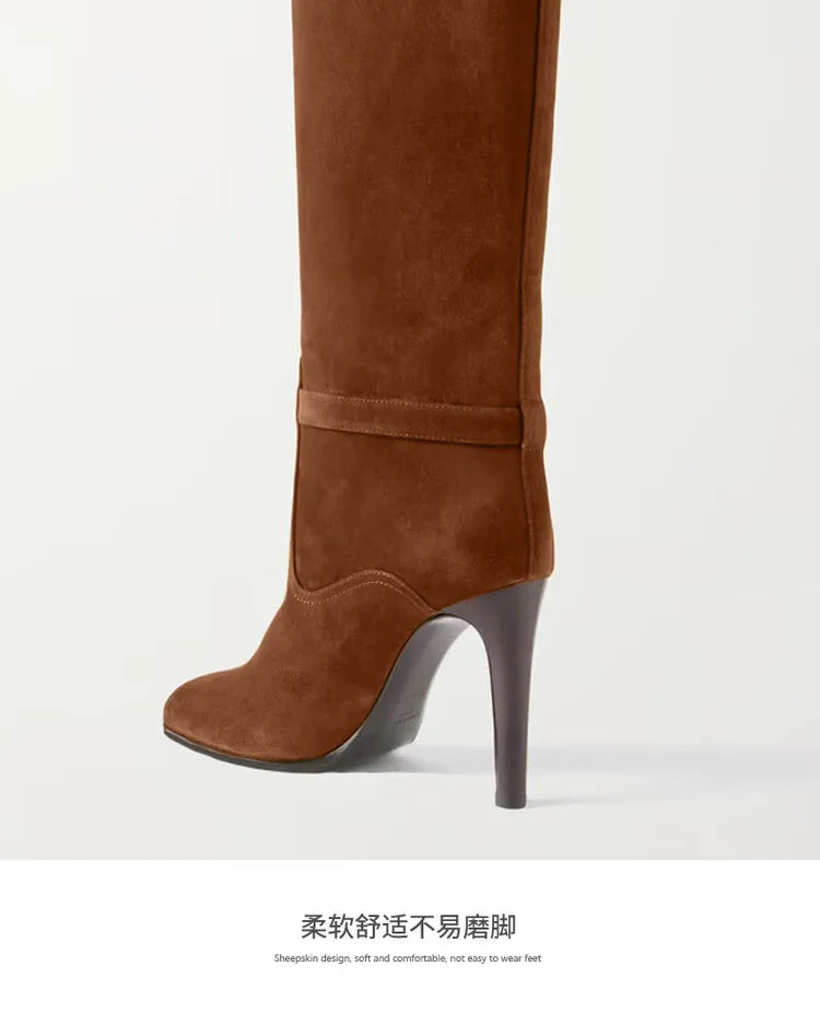 2024 Autumn and Winter Slim High Heels Knee High Women's Boots Fashionable Round Toe Cowhide Suede Oversized Mid Length Boots