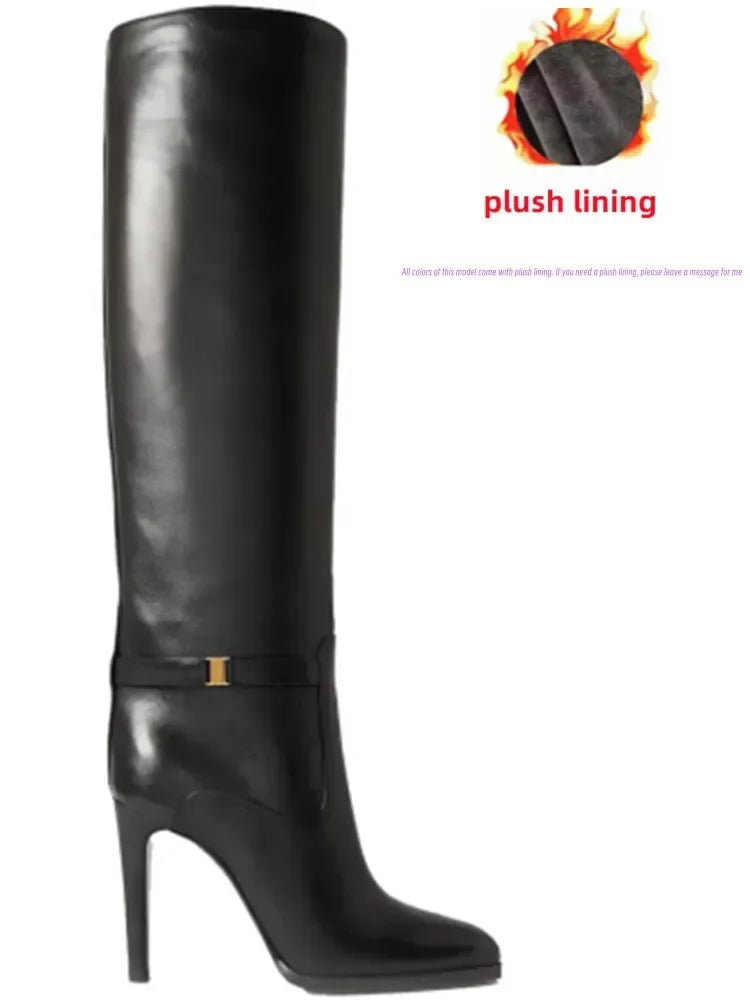 2024 Autumn and Winter Slim High Heels Knee High Women's Boots Fashionable Round Toe Cowhide Suede Oversized Mid Length Boots