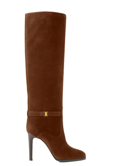 2024 Autumn and Winter Slim High Heels Knee High Women's Boots Fashionable Round Toe Cowhide Suede Oversized Mid Length Boots