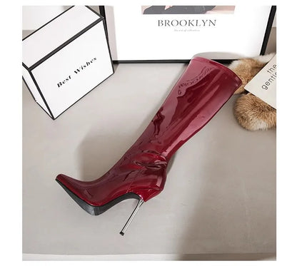 12cm Metal Heels Women Knee High Boots Black Matte Shiny Patent Leather Pointed Toe Zipper Tall Boots Size 45 Party Dress Shoes