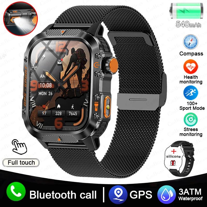 Military Outdoor Smart Watch Men's GPS Flashlight Bluetooth Call 2.01" AMOLED Screen 3ATM Waterproof Sports Smartwatch 2025 New