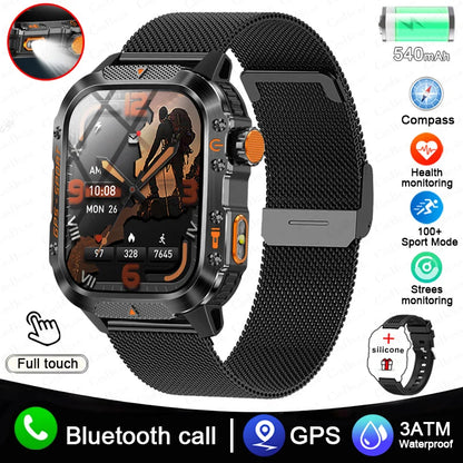 Military Outdoor Smart Watch Men's GPS Flashlight Bluetooth Call 2.01" AMOLED Screen 3ATM Waterproof Sports Smartwatch 2025 New