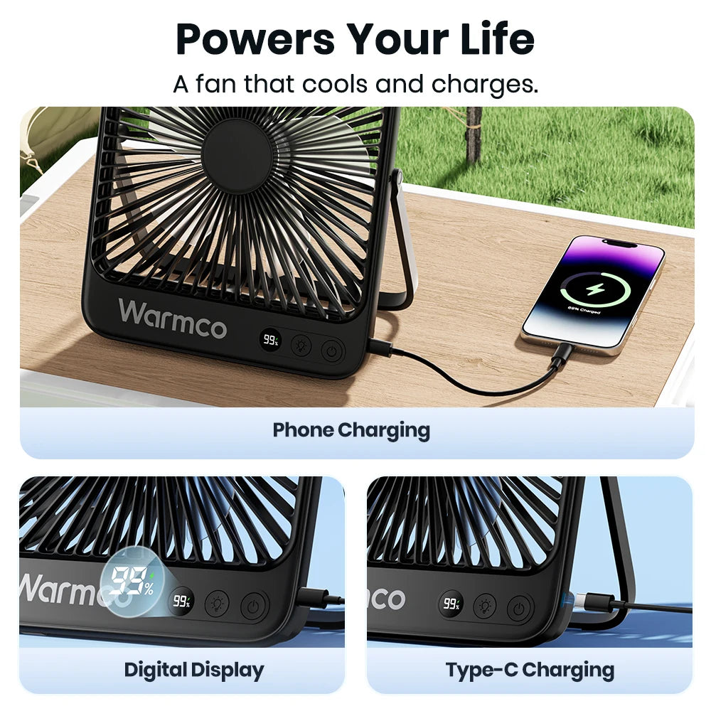 Warmco D4 Portable Desk Fan Rechargeable 20000mAh Camping Fan with Light,48Hrs Run Time 8" Silent Personal Fan Digital Display