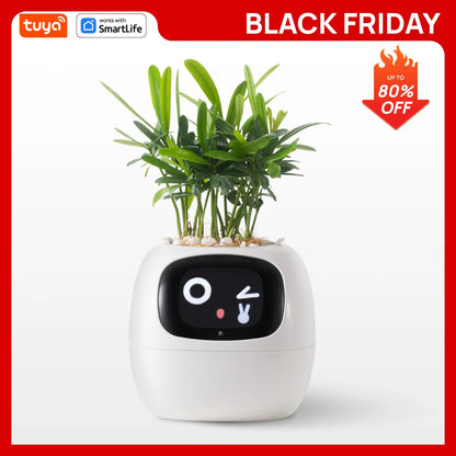 White Tuya Ivy Smart Planter,Endless Fun Over 49 Rich Expressions,7 smart sensors and AI Chips Make Raising Plants Easy and Fun