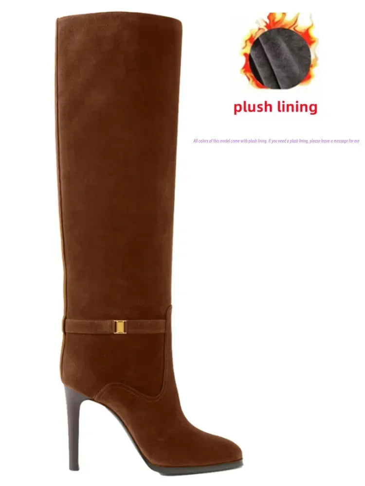 2024 Autumn and Winter Slim High Heels Knee High Women's Boots Fashionable Round Toe Cowhide Suede Oversized Mid Length Boots