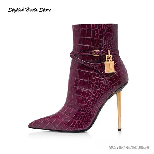 Crocodile-effect Metal Heel Booties Elegant Women Metal Lock Buckle Strap Ankle Boots Pointed Toe Stilettos Fashion Modern Boots