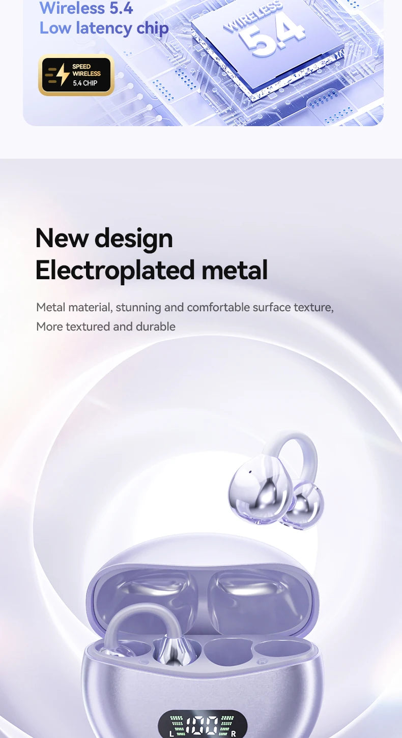 Wireless Bone Conduction HIFI Bluetooth 5.4 Earbuds Clip On Ear With Mic Digital Display Waterproof Sport Headsets 2025