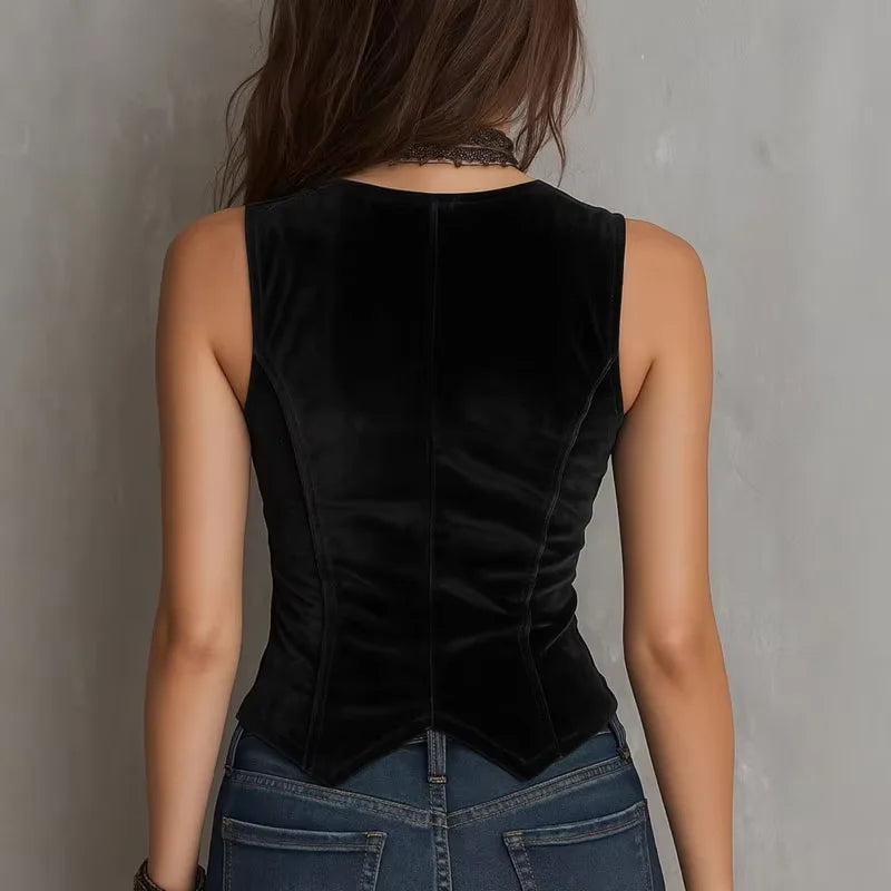 Women's Velvet Vest Sleeveless V Neck Single Breasted Slim Streetwear Outerwear Autumn Winter Elegant Coat Jacket Vest for Woman