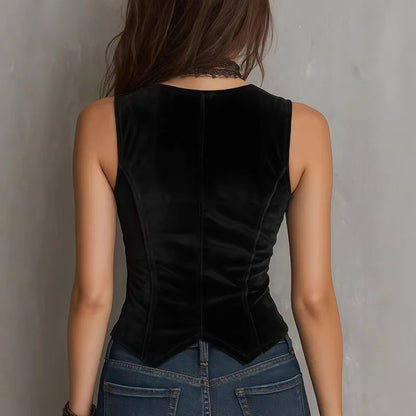 Women's Velvet Vest Sleeveless V Neck Single Breasted Slim Streetwear Outerwear Autumn Winter Elegant Coat Jacket Vest for Woman