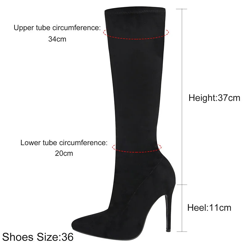 High Elasticity Leather Boots Women Side Zip Pointed Toe High Heels Shoes Fashion Big Size Suede Mid Booties Female Goth Shoes