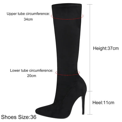 High Elasticity Leather Boots Women Side Zip Pointed Toe High Heels Shoes Fashion Big Size Suede Mid Booties Female Goth Shoes