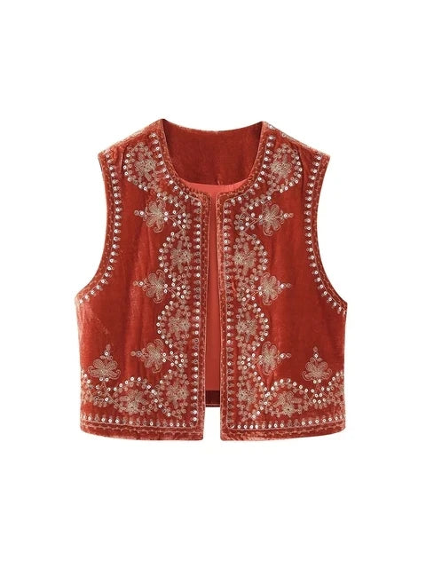 Vintage Autumn Velvet Embroidered Vest Sleeveless Jacket Women V Neck Chic Waistcoats Female Fashion Vests Coat 2023