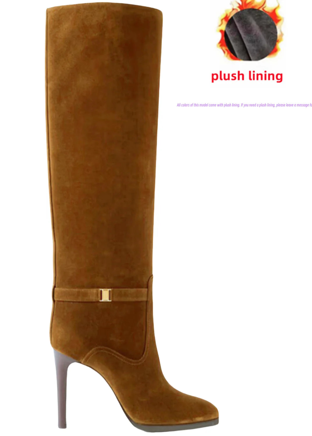 2024 Autumn and Winter Slim High Heels Knee High Women's Boots Fashionable Round Toe Cowhide Suede Oversized Mid Length Boots
