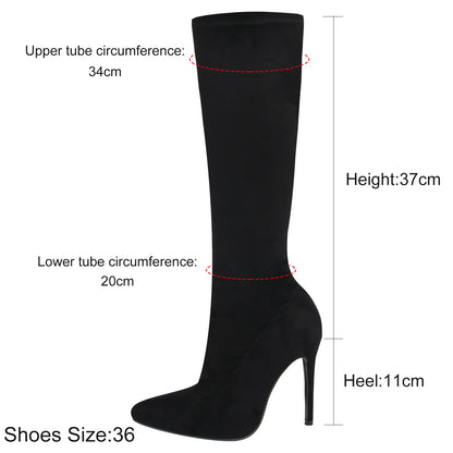 High Elasticity Leather Boots Women Side Zip Pointed Toe High Heels Shoes Fashion Big Size Suede Mid Booties Female Goth Shoes