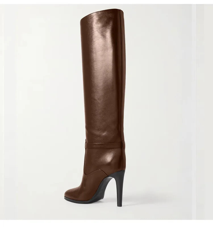 2024 Autumn and Winter Slim High Heels Knee High Women's Boots Fashionable Round Toe Cowhide Suede Oversized Mid Length Boots