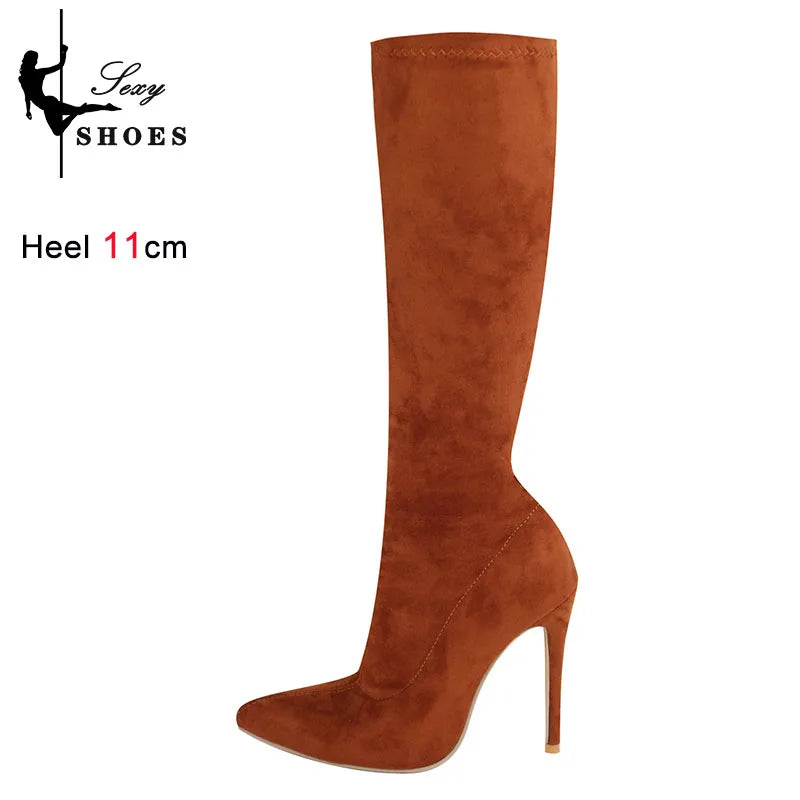 High Elasticity Leather Boots Women Side Zip Pointed Toe High Heels Shoes Fashion Big Size Suede Mid Booties Female Goth Shoes