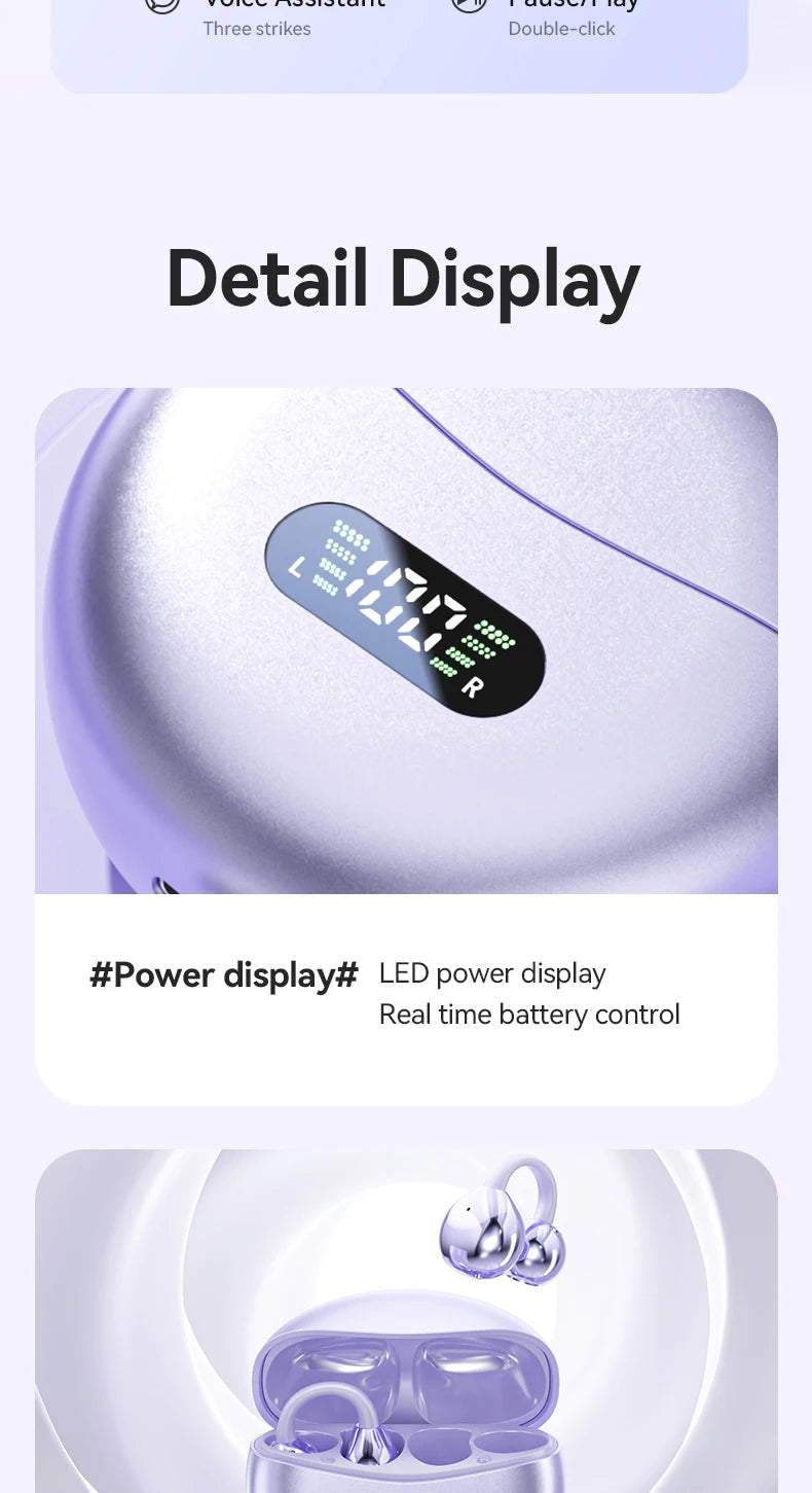 Wireless Bone Conduction HIFI Bluetooth 5.4 Earbuds Clip On Ear With Mic Digital Display Waterproof Sport Headsets 2025