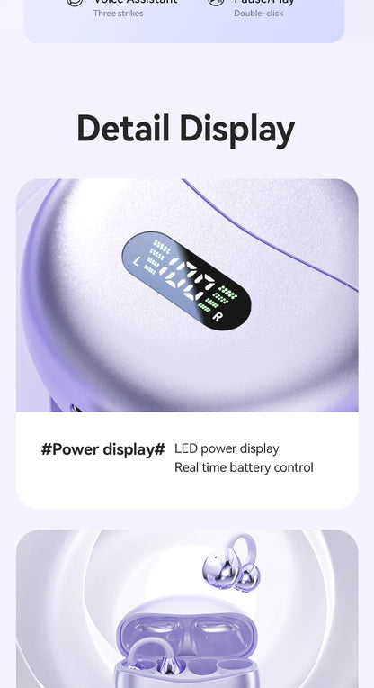 Wireless Bone Conduction HIFI Bluetooth 5.4 Earbuds Clip On Ear With Mic Digital Display Waterproof Sport Headsets 2025